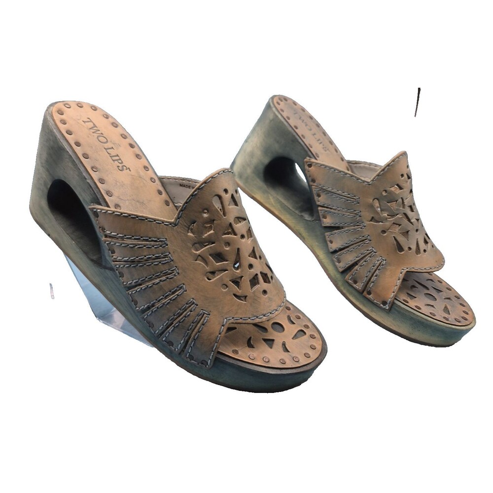 Vintage Y2K Two Lips Wedge Peep Toe Shoes Sandals made in Brazil size 10